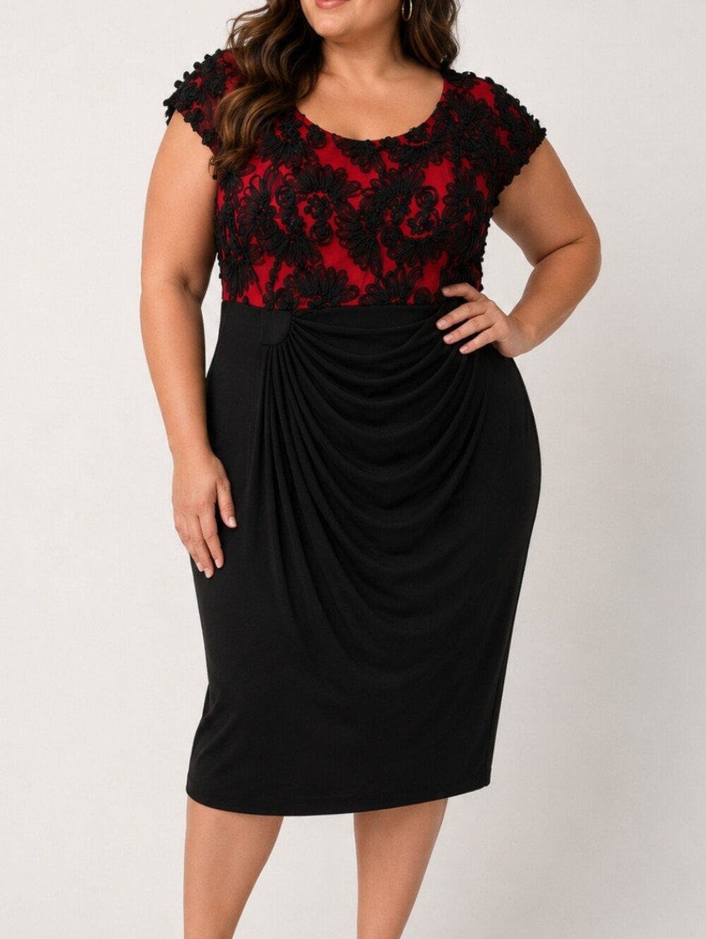 Laura Plus Size Black Red Floral Appliqué Ruched Midi Wrap  Dress Size 18